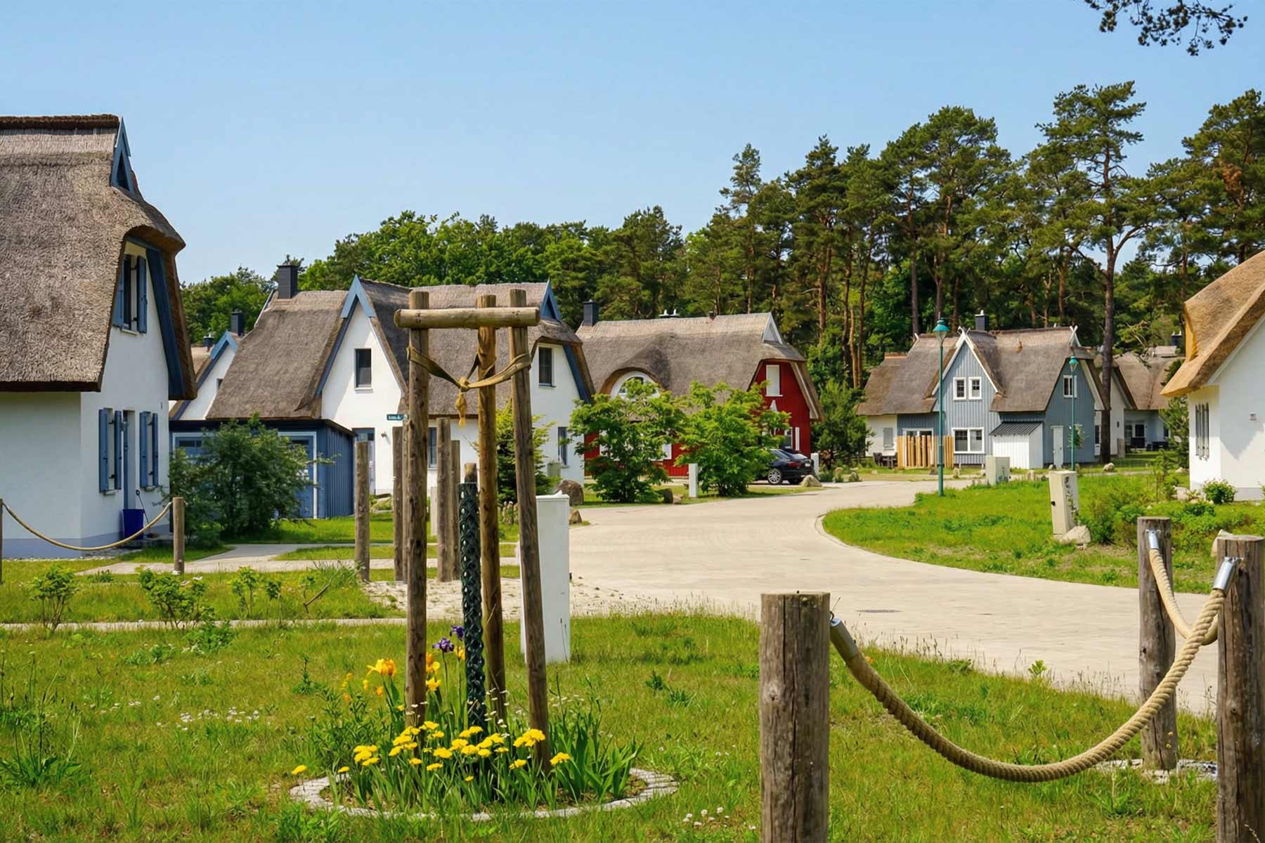 Reetgedeckte Häuser im Fischerdorf Zirchow auf Usedom

