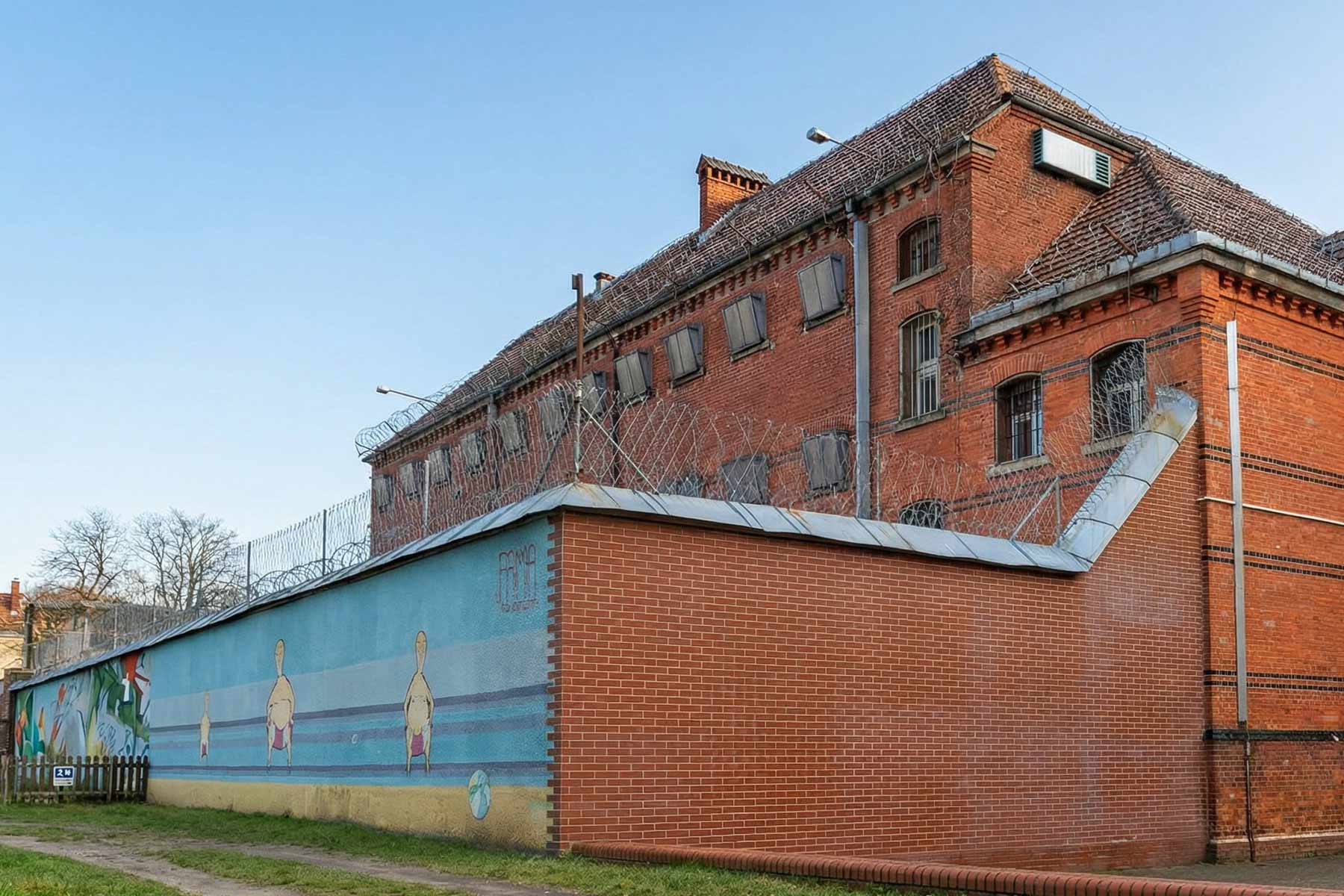 Zellenfenster und Mauer des ehemaligen Gefängnisses Swinemünde
