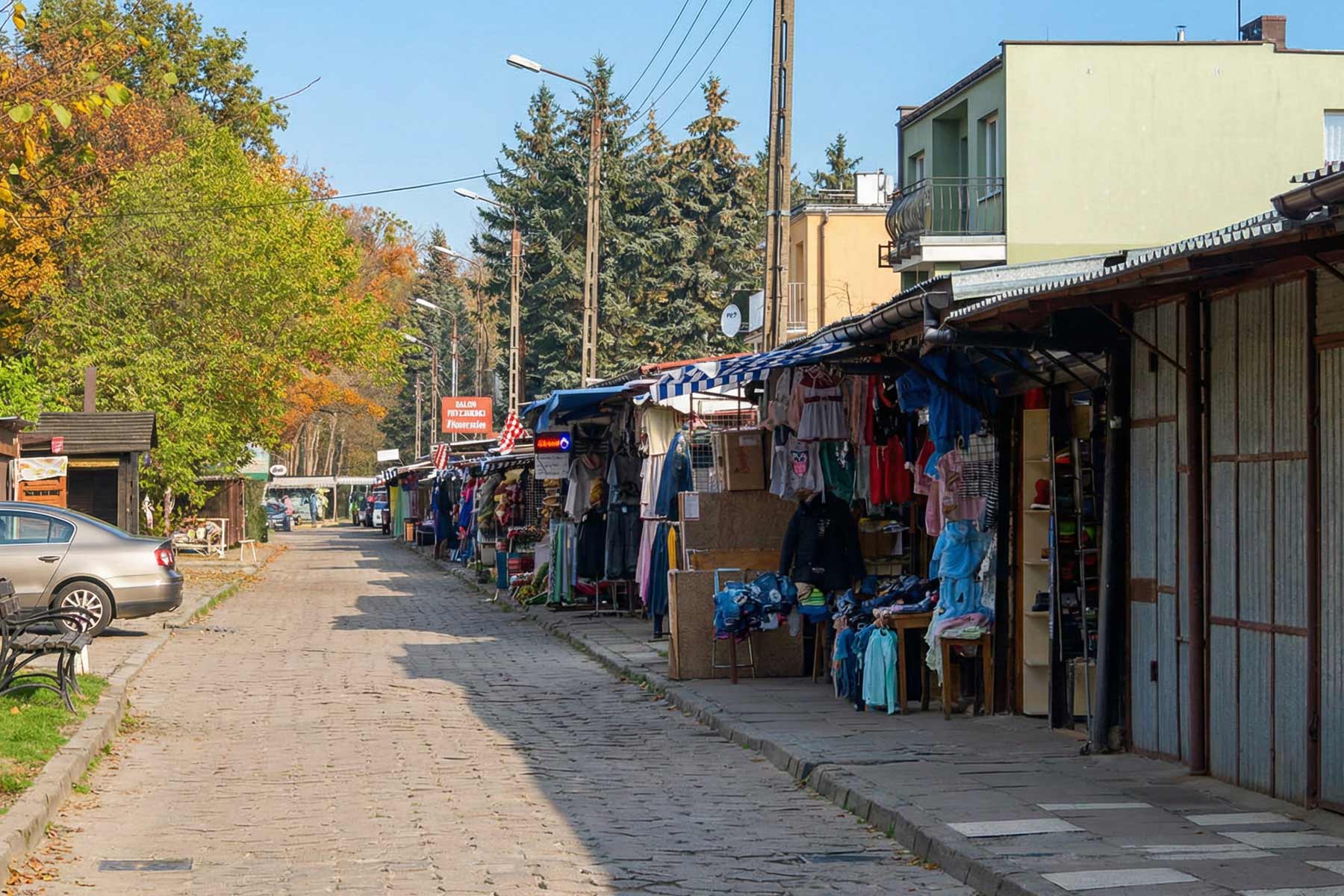Buden des Polenmarktes in Swinemünde mit Straße davor<br />

