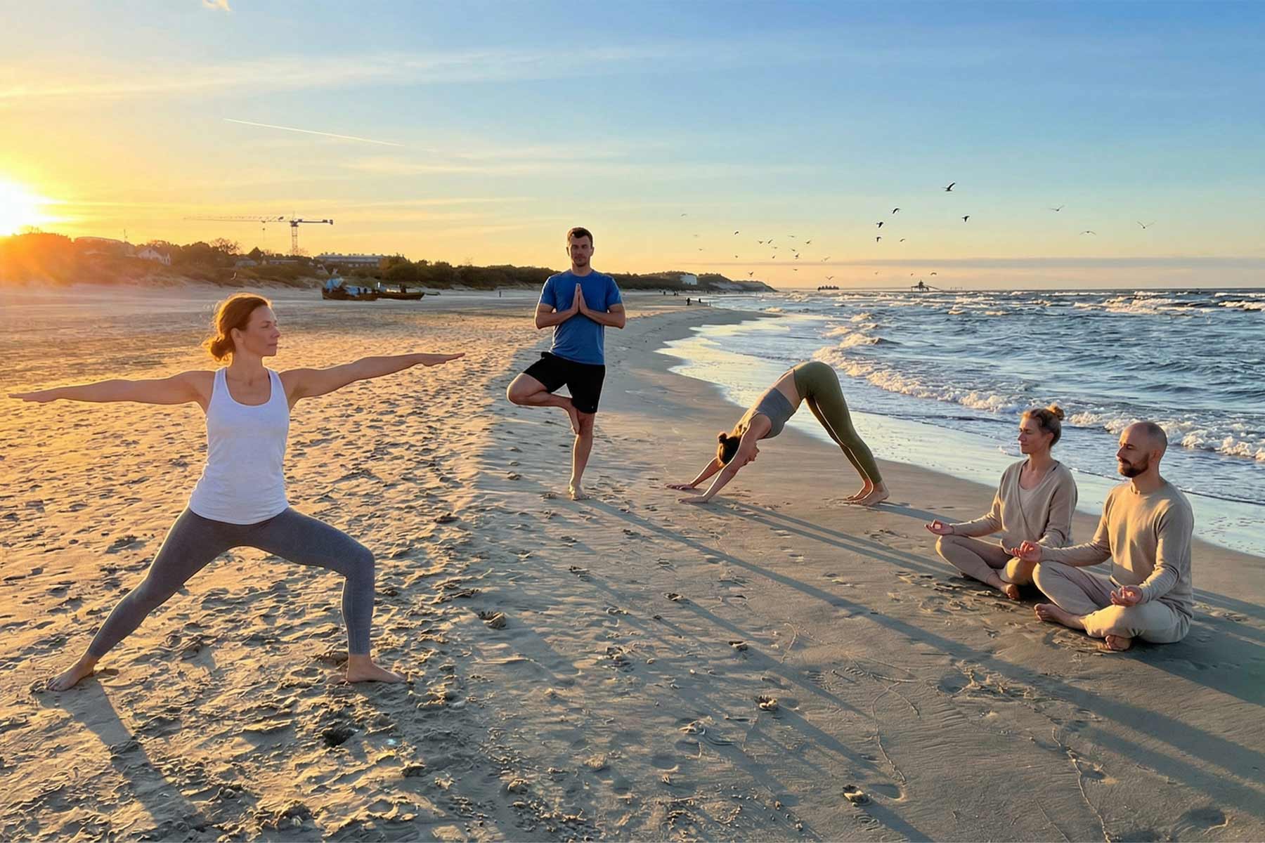 Menschen praktizieren Yoga am Strand von Ahlbeck auf Usedom
